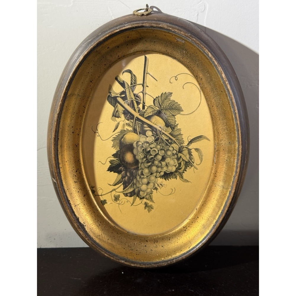 Vintage Grapes Print in Gold Oval Frame 9 x 6" Wall Mount